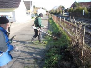 Volontäre rücken dem Wildwuchs entlang des Bahnlinien-Zauns in der Heimersheimerstraße zu Leibe