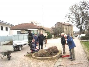 Volontäre reinigen eine Pflanzeninsel