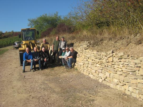 Volontäre vor der Trockenmauer