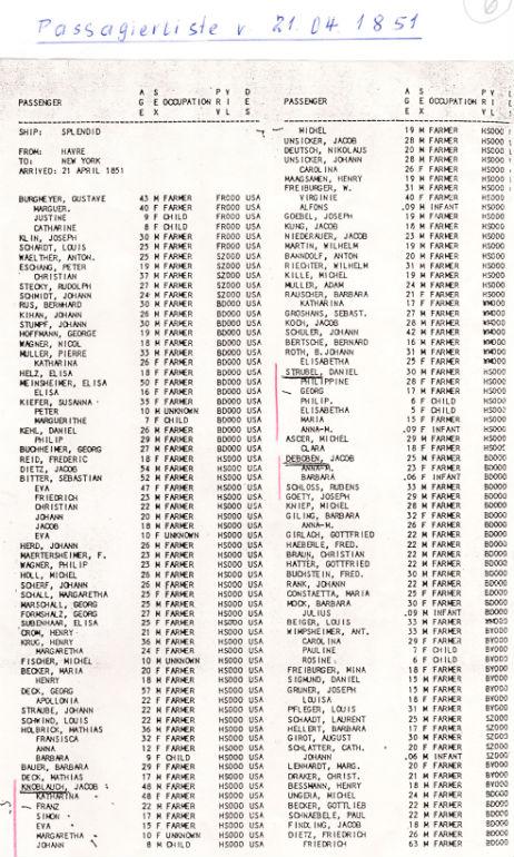 Passagierliste vom 21.04.1851